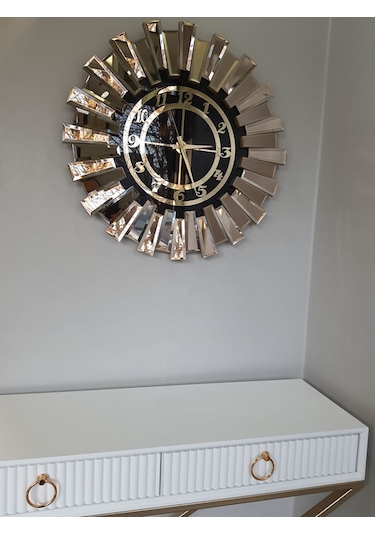 Ayna Denizi Güneş Twins Bronze Black Model Altın Siyah Renk 70 cm Dekoratif Aynalı Duvar Saati Altın - Siyah