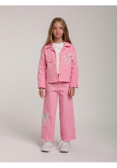 Kız Çocuk Cepli Tül Çiçekli Kot Ceket-15582 Pembe