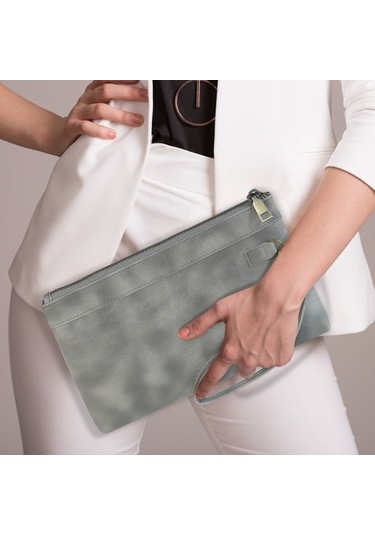 Shidai888 Retro Deri Debriyaj Fermuarlı Zarf Çanta Gri