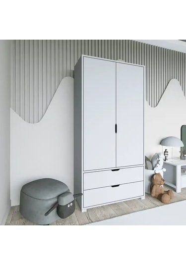 Duru 90 Cm Mat Beyaz 2 Kapılı 2 Çekmeceli Elbise Dolabı - Gardırop Beyaz