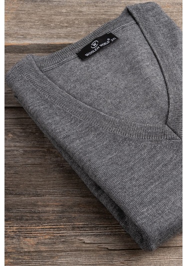 V Yaka Battal Büyük Boy Yünlü Kolsuz Triko Süveter Gri