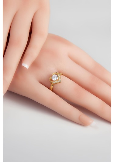 Altın Kaplama Kalp Motifli 925 Ayar Gümüş Bayan Yüzük -7979