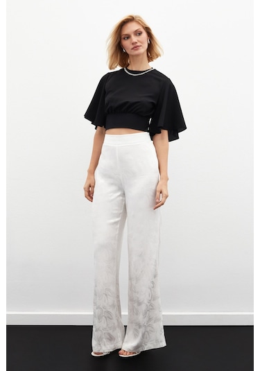 Sateen Jakarlı Salaş Pantolon - Ekru