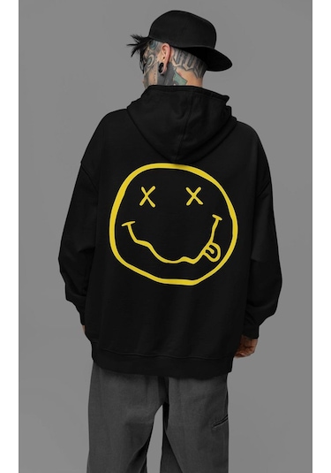 Sevbano Nirvana Yazılı Unisex Oversize Tasarım Hoodie Siyah