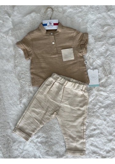 Cepli Müslin Pantolonlı İkili Takım Kahverengi