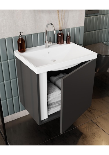 Karen Banyo Kemer 60 Cm,Lavabolu,Aynalı,Banyo Dolabı,Mat Antrasit,Lavabo Dahil Antrasit