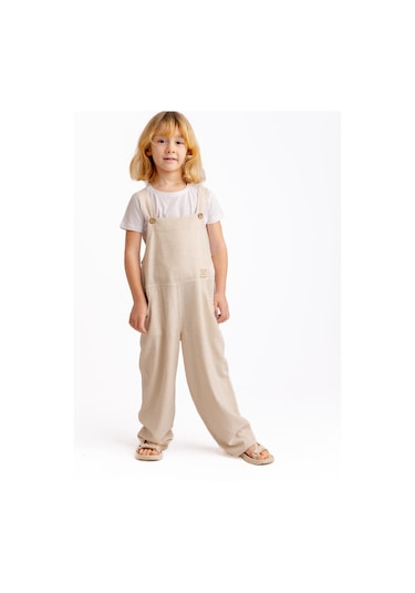 Unisex Bol Paça Keten Salopet Naturel Naturel Bej