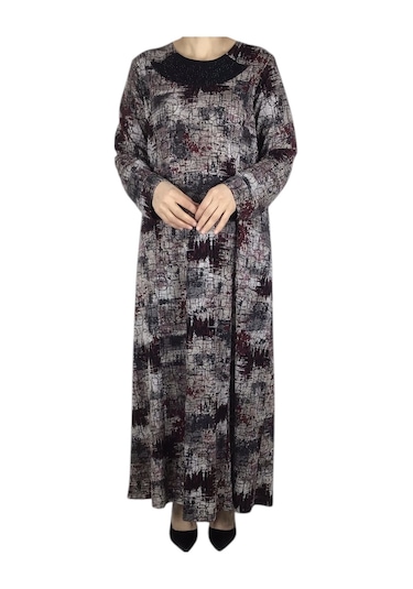Kadın Desenli Kulplu Büyük Beden Anne Elbise Bordo