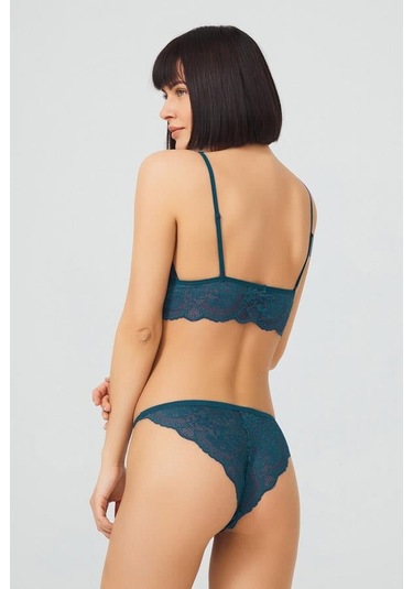 Tenan Yeşili Dantelli Transparan Balensiz Kadın Sütyen Takımı Tenan Yeşili