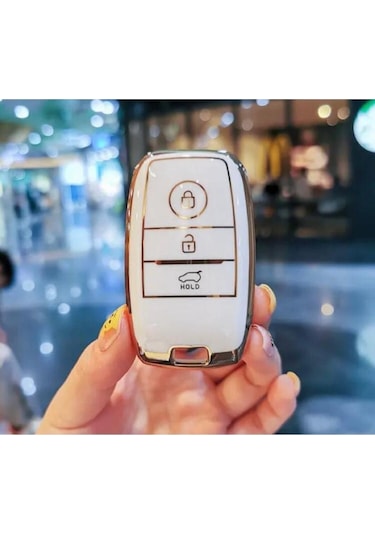 Lüx Kia Rio Uyumlu Ceed Soul Sportage Sorento Picanto 3 Buton Sustasız Nano Anahtar Kılıfı Beyaz Gold Renk
