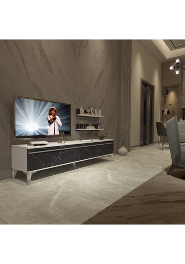 Decoraktiv Eko 4 Mdf Std Silver Tv Ünitesi Tv Sehpası Beyaz - Siyah Mermer