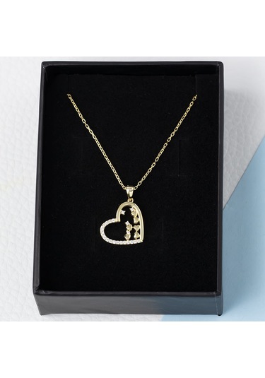 Kalp Model Minik Kalpler Detaylı Gold Rengi 925 Ayar Gümüş Kadın Kolye Gold