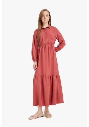 Defacto Gömlek Yaka Beli Büzgilü Uzun Kollu Maxi Elbise D5851ax25spog355 Turuncu