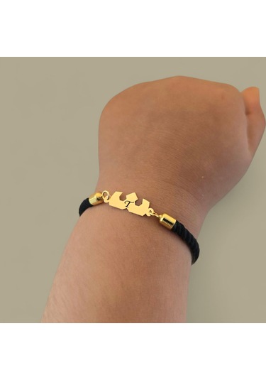 T Harfine Özel 14 Ayar Altın Plakalı Siyah İpek Örgülü Taç Figürlü Hediye Bileklik-507harf T