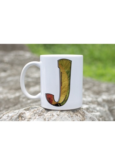 J Harf Yaprak Renkleri İle Kupa Bardak - Kişiye Özel Alfabe Harfli Bardak - Hediye Beyaz