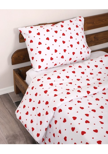 Tek Kişilik Nevresim Seti Kırmızı Kalpli Nevresim Seti Nevresim+ 1 Adet Yastık Kılıfı