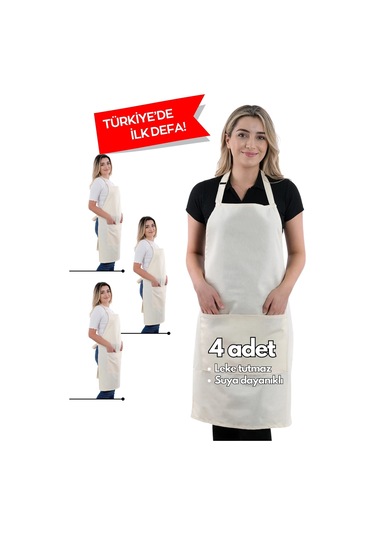 4 Adet Simple Ayarlanabilir Askılı Mutfak Önlüğü Bej