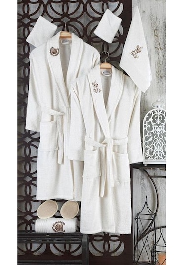Güvenal Rüya 10 Parça Nakışlı Bornoz Seti | Bornoz Takımı Krem