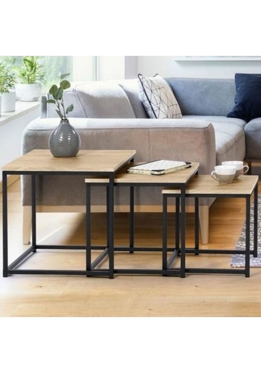 Eva Üçlü Doğal Ahşap Zigon Sehpa Siyah