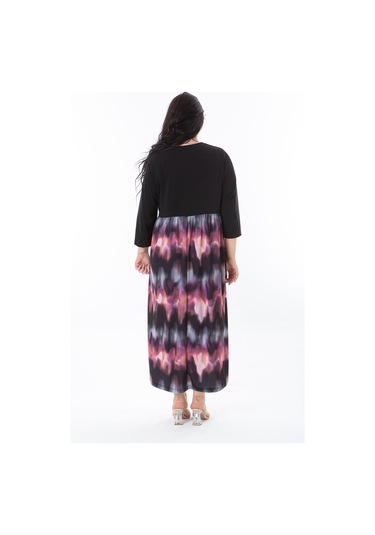 Kadın Büyük Beden Siyah Yaka Biyeli Eteği Desenli Elbise 65n38234-siyah Siyah