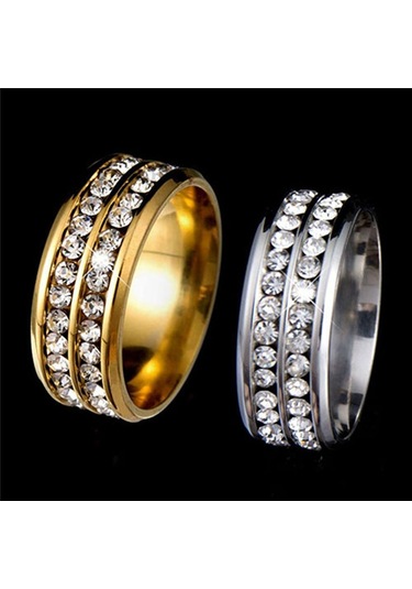 Altın Bayan Erkek Moda Çift Sıralı Rhinestones Titanyum Çelik Düğün Takı Yüzük 8 Altın