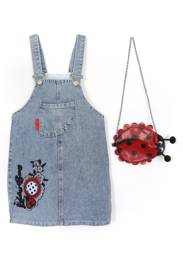 Uğur Böceği Nakışlı Cep Detaylı Çanta Aksesuarlı Kız Çocuk Jile Mavi