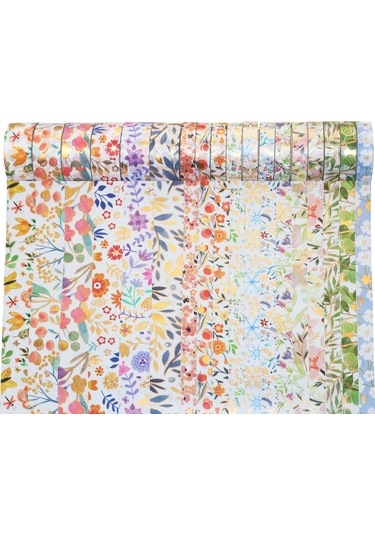Springsun 18 Rulo Altın Varaklı Çiçekli Washi Bant Seti Dıy, Scrapbook & Hediye Paketi İçin Botanik Desenler