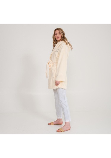 Welsoft Kapüşonlu Peluş Kadın Sabahlık Ekru
