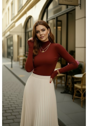 %95 Pamuklu Parmak Geçmeli Kadın Body Esnek Kumaş Bordo
