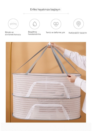 4 Katmanlı Kurutma Ağı Katlanabilir Sinek Kafesi - Siyah