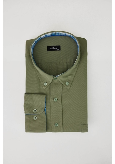 Tudors Büyük Beden Düğmeli Yaka Poplin Pamuklu Kolay Ütü Oxford Haki Erkek Gömlek-30225-haki Haki