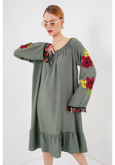 Nakışlı Midi Elbise 2531 - Haki Haki