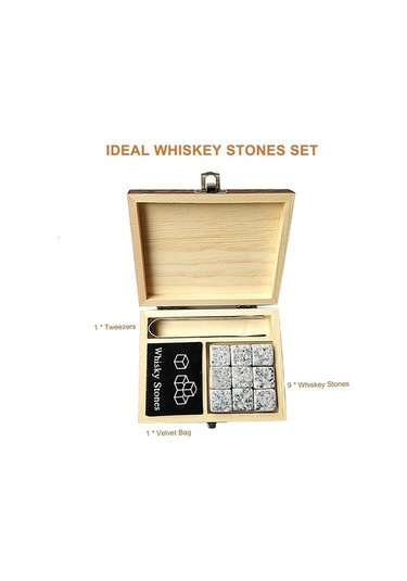 9pcs Viski Taş Seti Soğutma Taşları Ahşap Kutu Soğutma Kayaları Yeniden Kullanılabilir Buz Küpleri - Gri Gri