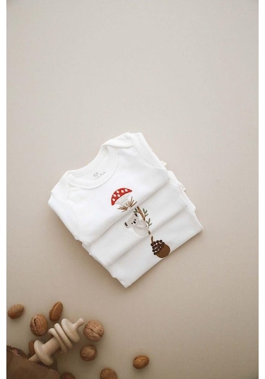 3lü Nakışlı Çıt Çıtlı Uzun Kollu Body-zıbın Model 1 Beyaz