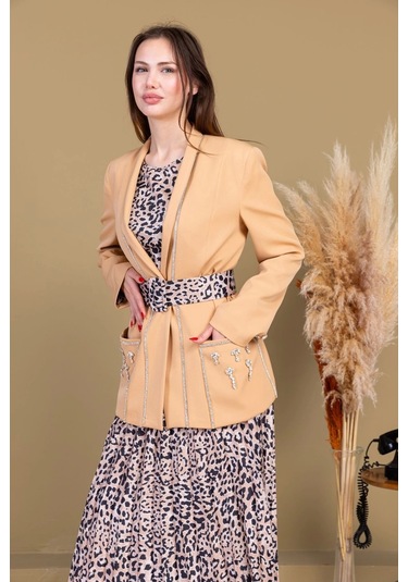 Leopar Desenli Ceketli Üçlü Takım 4715-camel Camel