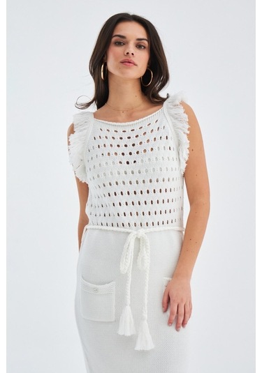 Peraluna Mıyokı Dress %100 Pamuk Diz Hizası Yazlık Kadın Triko El Kırık Beyaz