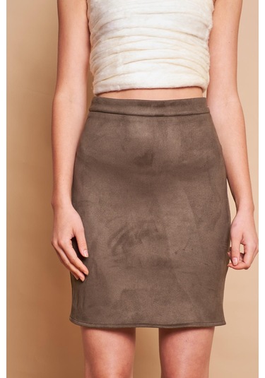 Kadın Hafif Likralı Süet Kumaş Yüksek Bel Diz Üstü Kalem Etek-haki Haki