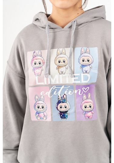 Kız Çocuk Labubu Baskılı 3 İplik Kışlık Şardonsuz Sweatshirt 4540 Gri