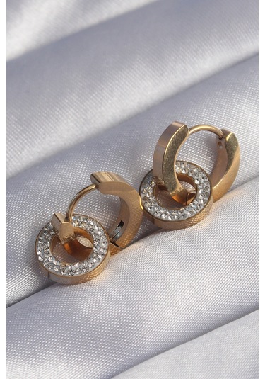 316l Çelik Gold Renk Zirkon Taşlı İç İçe Geçmeli Oval Küpe Gold