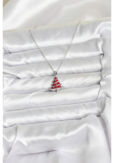 316l Çelik Zincir Gümüş Renk Kırmızı Çam Ağacı Model Yılbaşı Temalı Kadın Kolye - Tj-bko10715 Gümüş