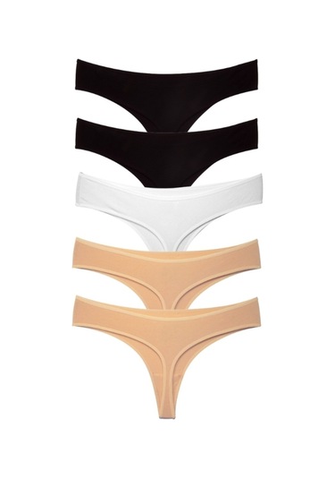 Alya Underwear Kadın Bato Tanga Pamuklu Külot, Büyük Beden String, 5'li Paket- 2 Siyah, 1 Beyaz, 2 Ten Renkli P02