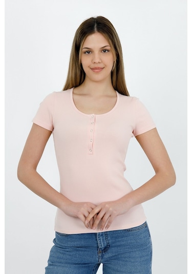 Hdm Kadın Esnek Fitilli Yakası Çıtçıtlı Pembe Kısa Kol Basic Örme Bluz - H5993