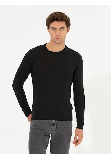 Cacharel Siyah Slim Fit Bisiklet Yaka Basic Triko Kazak