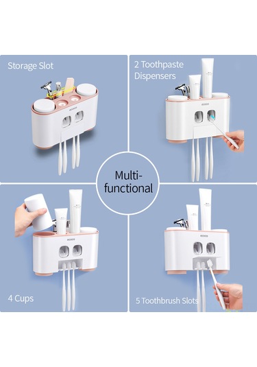 Mufunye Duvar Tipi Diş Fırçası Askısı - 5 Yuvalı, 4 Bardaklı, 2 Diş Macunlu, Yapışkanlı Pratik Organizer Beyaz