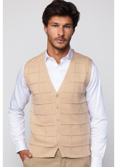 Tudors Slim Fit Kare Desenli Taş Rengi Erkek Yelek-29711-Taş