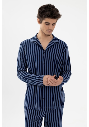 Erkek Mavi Çizgili Pamuklu Kombinli Gömlek Yaka Pijama Takımı Ko6302pj-1 Mavi