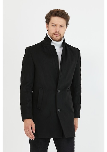 Erkek Siyah Slim Fit Dik Yaka Kaşe Kaban-Siyah