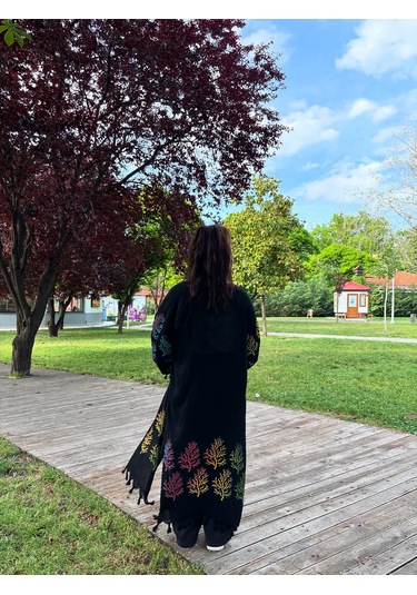 Siyah Mercan Desenli Kaftan Kimono Renkli Desenli Salaş Plaj Ve Günlük Kullanım Siyah - Turuncu