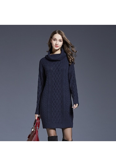 Sones Sonbahar Ve Kış Örgü Elbiseler Uzun Balıkçı Yaka Kazak Kadınlar İçin Lacivert