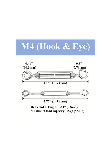 Willowhaven 9 Parça M4 Halat Gergi Seti Kanca Göz Bağlantılı 304 Paslanmaz Çelik Diğer